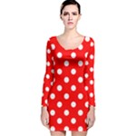 Polka Dots - White on Red Long Sleeve Velvet Bodycon Dress