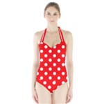 Polka Dots - White on Red Women s Halter One Piece Swimsuit