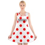 Polka Dots - Red on White V-Neck Sleeveless Dress