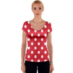 Polka Dots - White on Alizarin Red Women s V-Neck Cap Sleeve Top