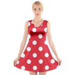 Polka Dots - White on Alizarin Red V-Neck Sleeveless Dress