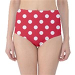 Polka Dots - White on Alizarin Red High-Waist Bikini Bottoms
