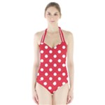 Polka Dots - White on Alizarin Red Women s Halter One Piece Swimsuit