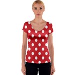 Polka Dots - White on Fire Engine Red Women s V-Neck Cap Sleeve Top