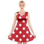 Polka Dots - White on Fire Engine Red V-Neck Sleeveless Dress