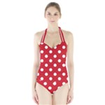 Polka Dots - White on Fire Engine Red Women s Halter One Piece Swimsuit
