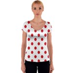 Polka Dots - Fire Engine Red on White Women s V-Neck Cap Sleeve Top
