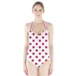 Polka Dots - Fire Engine Red on White Women s Halter One Piece Swimsuit