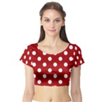 Polka Dots - White on Dark Candy Apple Red Short Sleeve Crop Top (Tight Fit)