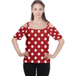 Polka Dots - White on Dark Candy Apple Red Women s Cutout Shoulder Tee