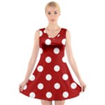 Polka Dots - White on Dark Candy Apple Red V-Neck Sleeveless Dress