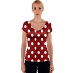 Polka Dots - White on Dark Red Women s V-Neck Cap Sleeve Top