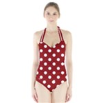 Polka Dots - White on Dark Red Women s Halter One Piece Swimsuit