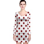 Polka Dots - Dark Red on White Long Sleeve Bodycon Dress