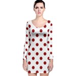 Polka Dots - Dark Red on White Long Sleeve Velvet Bodycon Dress