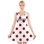 Polka Dots - Dark Red on White V-Neck Sleeveless Dress