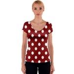 Polka Dots - White on Maroon Red Women s V-Neck Cap Sleeve Top