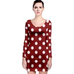 Polka Dots - White on Maroon Red Long Sleeve Bodycon Dress