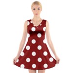 Polka Dots - White on Maroon Red V-Neck Sleeveless Dress
