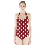 Polka Dots - White on Maroon Red Women s Halter One Piece Swimsuit