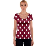 Polka Dots - White on Burgundy Red Women s V-Neck Cap Sleeve Top