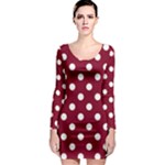 Polka Dots - White on Burgundy Red Long Sleeve Bodycon Dress