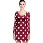 Polka Dots - White on Burgundy Red Long Sleeve Velvet Bodycon Dress