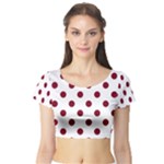 Polka Dots - Burgundy Red on White Short Sleeve Crop Top (Tight Fit)
