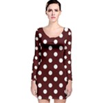 Polka Dots - White on Bulgarian Rose Red Long Sleeve Velvet Bodycon Dress