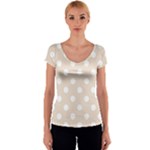Polka Dots - White on Almond Brown Women s V-Neck Cap Sleeve Top
