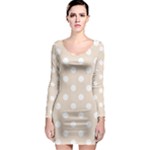 Polka Dots - White on Almond Brown Long Sleeve Bodycon Dress