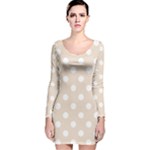 Polka Dots - White on Almond Brown Long Sleeve Velvet Bodycon Dress