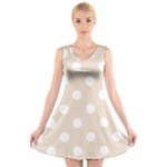 Polka Dots - White on Almond Brown V-Neck Sleeveless Dress