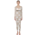 Polka Dots - White on Almond Brown Long Sleeve Catsuit