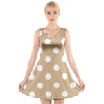 Polka Dots - White on Tan Brown V-Neck Sleeveless Dress