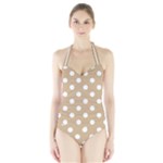 Polka Dots - White on Tan Brown Women s Halter One Piece Swimsuit