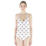 Polka Dots - Tan Brown on White Women s Halter One Piece Swimsuit