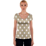 Polka Dots - White on Khaki Brown Women s V-Neck Cap Sleeve Top