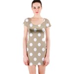 Polka Dots - White on Khaki Brown Short Sleeve Bodycon Dress