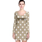 Polka Dots - White on Khaki Brown Long Sleeve Velvet Bodycon Dress