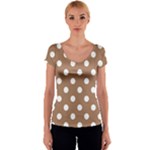 Polka Dots - White on French Beige Women s V-Neck Cap Sleeve Top
