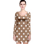 Polka Dots - White on French Beige Long Sleeve Velvet Bodycon Dress