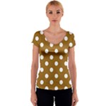 Polka Dots - White on Golden Brown Women s V-Neck Cap Sleeve Top