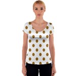 Polka Dots - Golden Brown on White Women s V-Neck Cap Sleeve Top