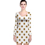 Polka Dots - Golden Brown on White Long Sleeve Velvet Bodycon Dress