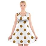 Polka Dots - Golden Brown on White V-Neck Sleeveless Dress