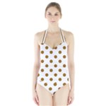 Polka Dots - Golden Brown on White Women s Halter One Piece Swimsuit