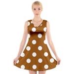 Polka Dots - White on Brown V-Neck Sleeveless Dress
