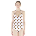 Polka Dots - Brown on White Women s Halter One Piece Swimsuit