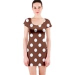 Polka Dots - White on Auburn Brown Short Sleeve Bodycon Dress